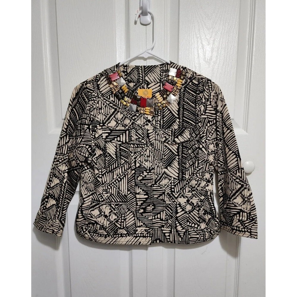 Ruby Rd Jacket Collarless Black Tan Multi Bead Trim Snaps Pockets  Size 6P